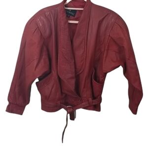 vtg 80s Red Leather Dolman Crop Jacket S